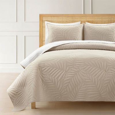 Full/Queen Lightweight Fern Leaf Reversible 3-PC White Beige Cotton Quilt Set - Free Shipping 