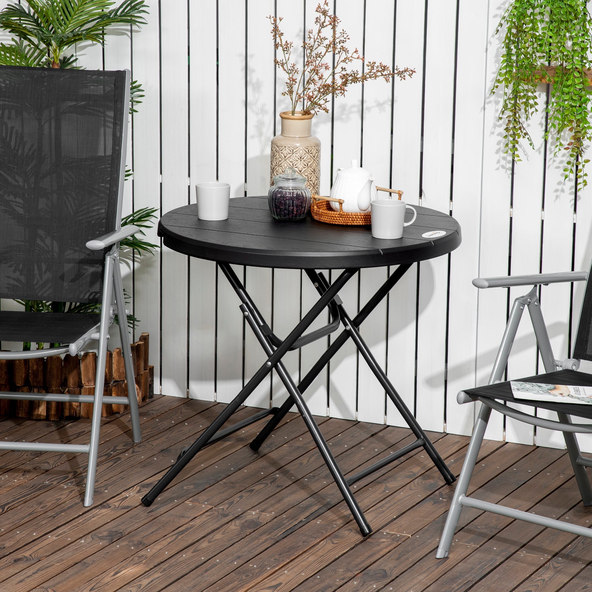 Outsunny Foldable Round Patio Table for 4, Outdoor Dining Table with HDPE Tabletop and Steel Frame, Dark Grey 