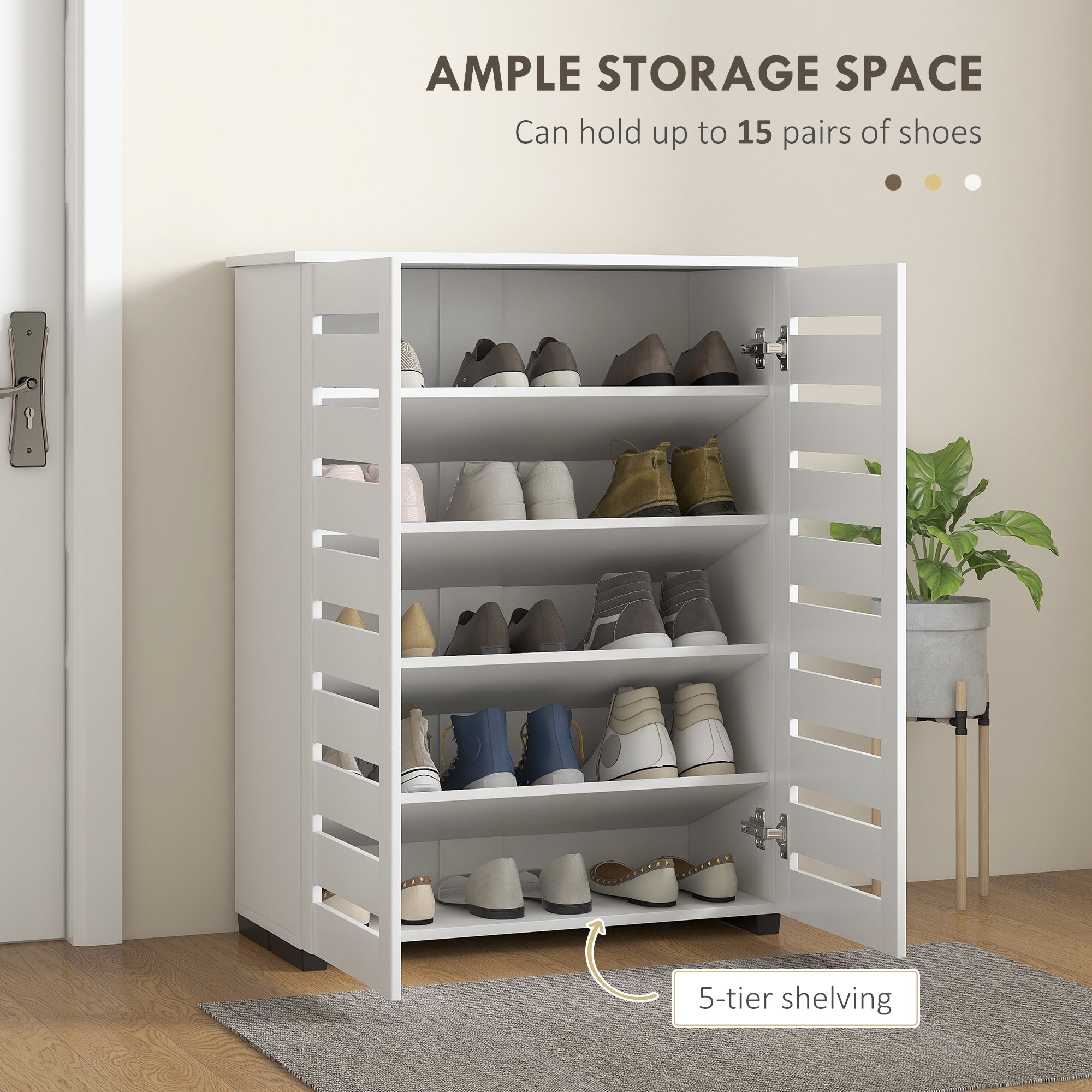 HOMCOM Shoe Storage Cabinet, Shoe Cabinet with 2 Slatted Doors for 15 Pairs of Shoes, White 