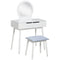 HOMCOM Chic White Vanity Set with Round Mirror Cushioned Stool Makeup Table 2 Large Drawers Sliding Rails