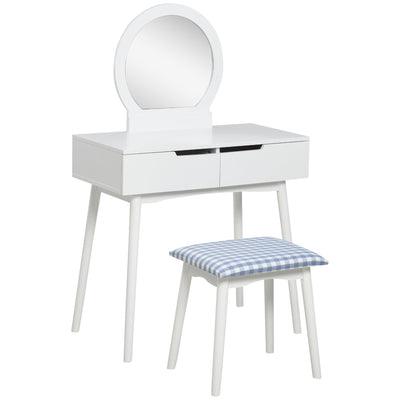 HOMCOM Chic White Vanity Set with Round Mirror Cushioned Stool Makeup Table 2 Large Drawers Sliding Rails 