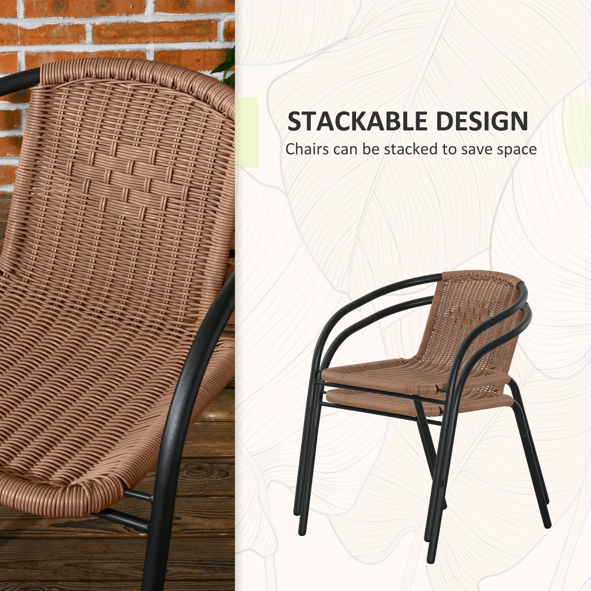 Outsunny 3 Pieces Outdoor Wicker Furniture Set with 2 Stackable Chairs, Tempered Glass Coffee Table for Garden, Backyard, Brown 
