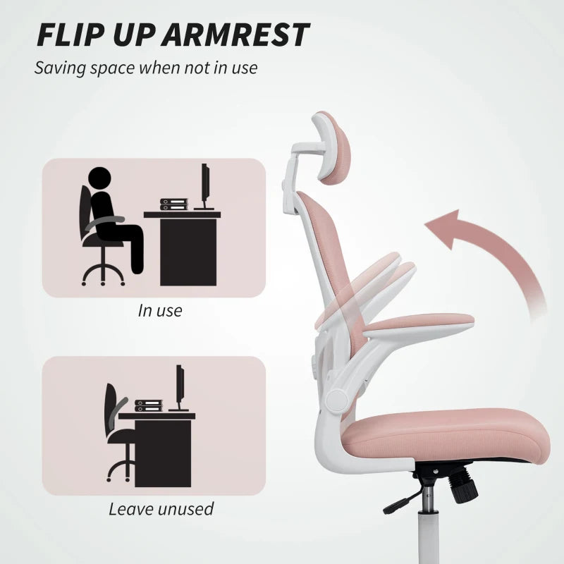 Ergonomic Office Chair, Mesh Desk Chair with Adjustable Headrest, Lumbar Support and Height, Flip-Up Armrests, Pink