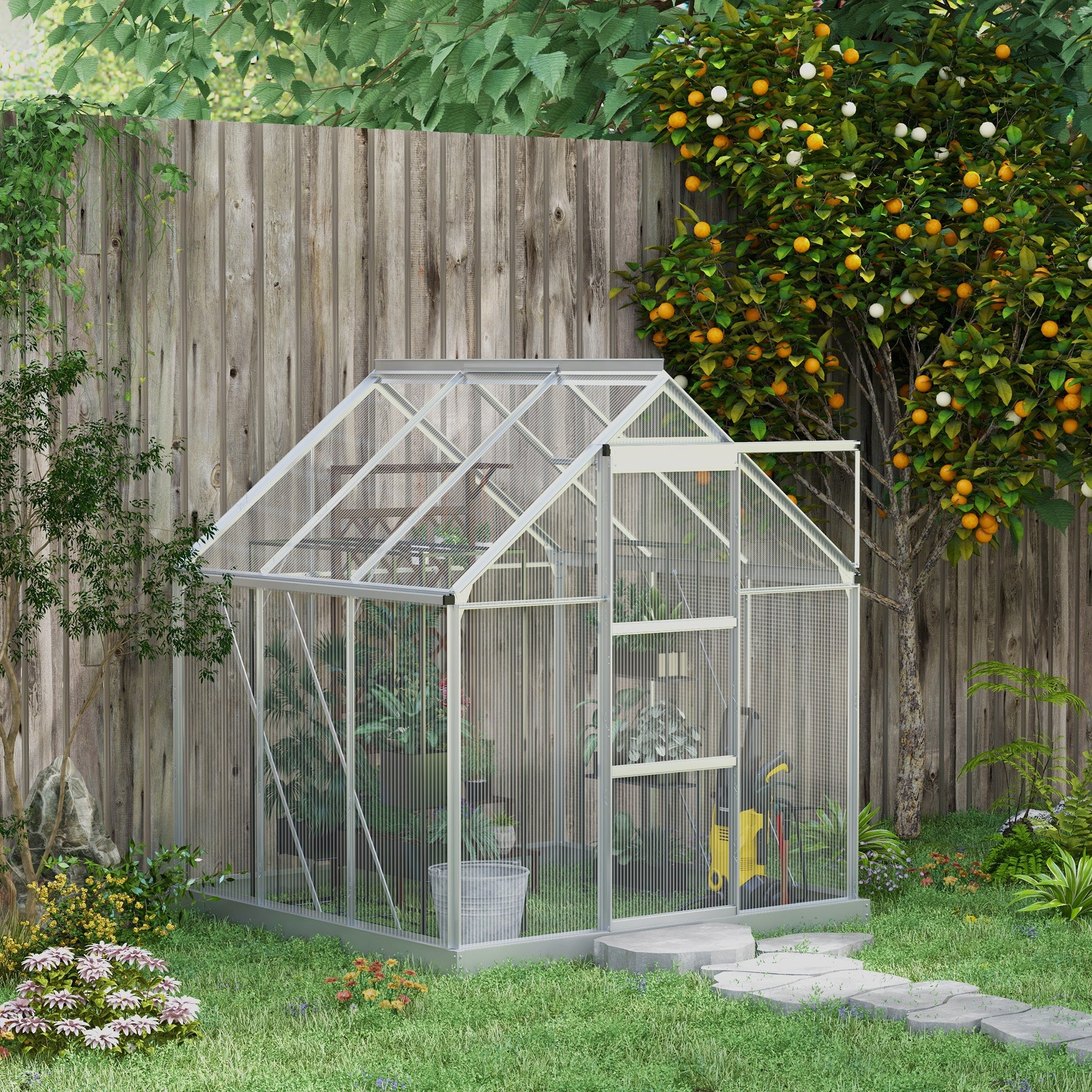 Outsunny Walk-In Greenhouse 6' x 6' Polycarbonate Aluminium Frame Sliding Door Window Foundation Silver 
