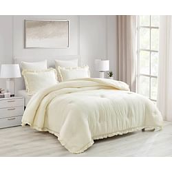 Full Size Ivory Microfiber 3-Piece Comforter Set with Ruffled Edge Trim - Free Shipping 