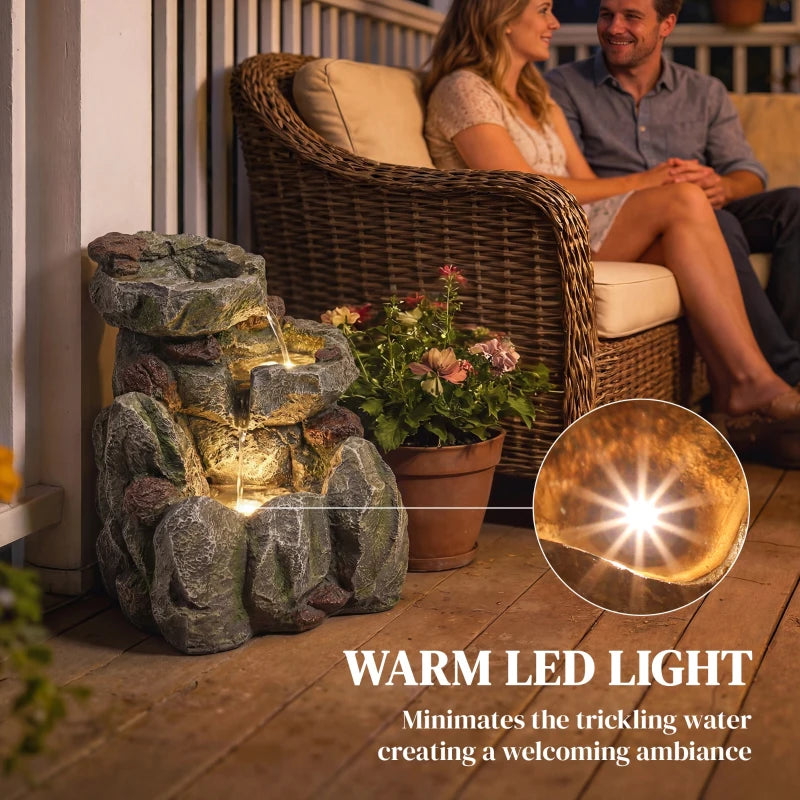 Outdoor Fountain with LED Lights Adjustable Flow Cascading Waterfall 3-Tier Rustic Rock Look Grey