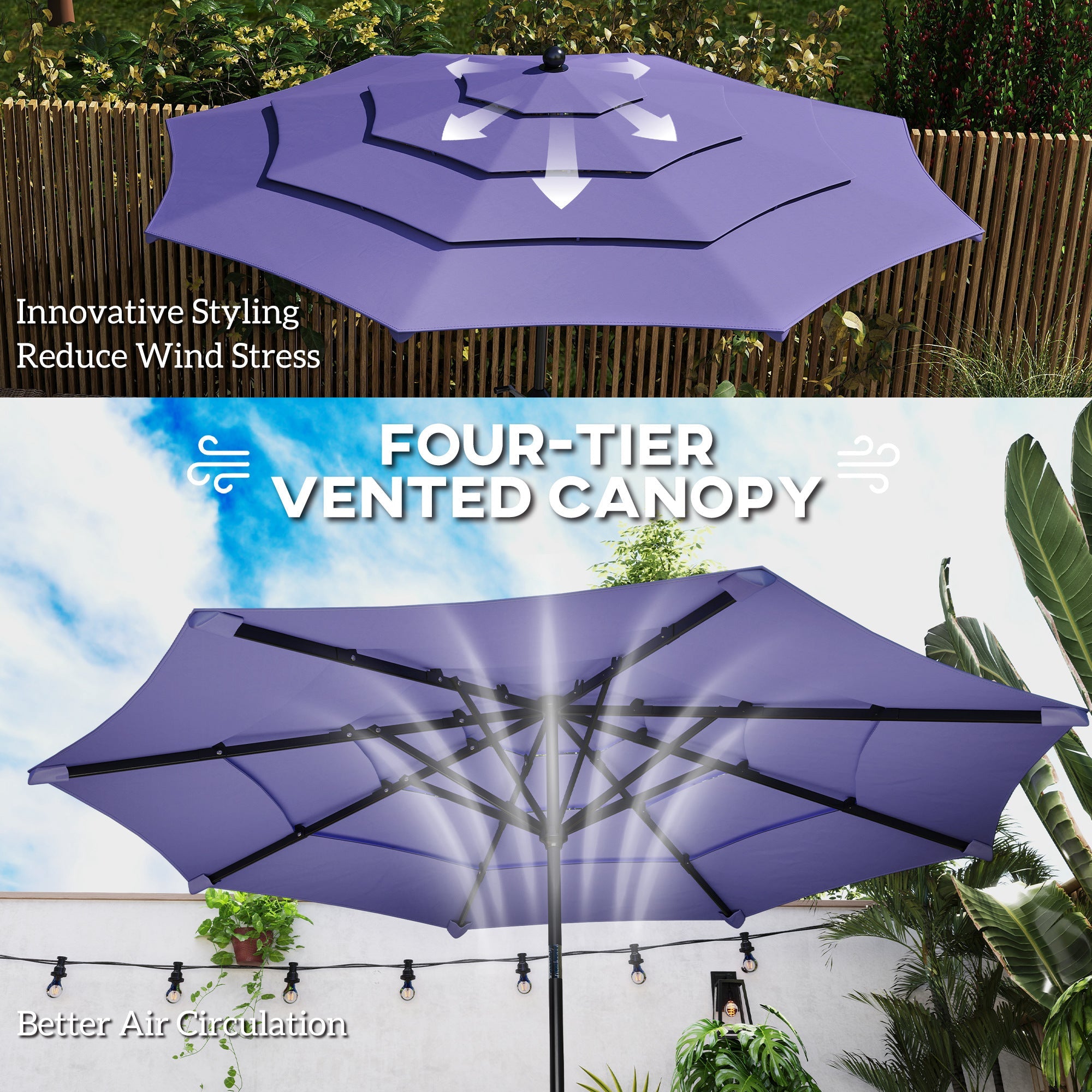 Outsunny 10.7FT Patio Umbrella with 8 Ribs, Crank, Push Button Tilt, Air Vents, for Backyard, Deck and Lawn, Purple 
