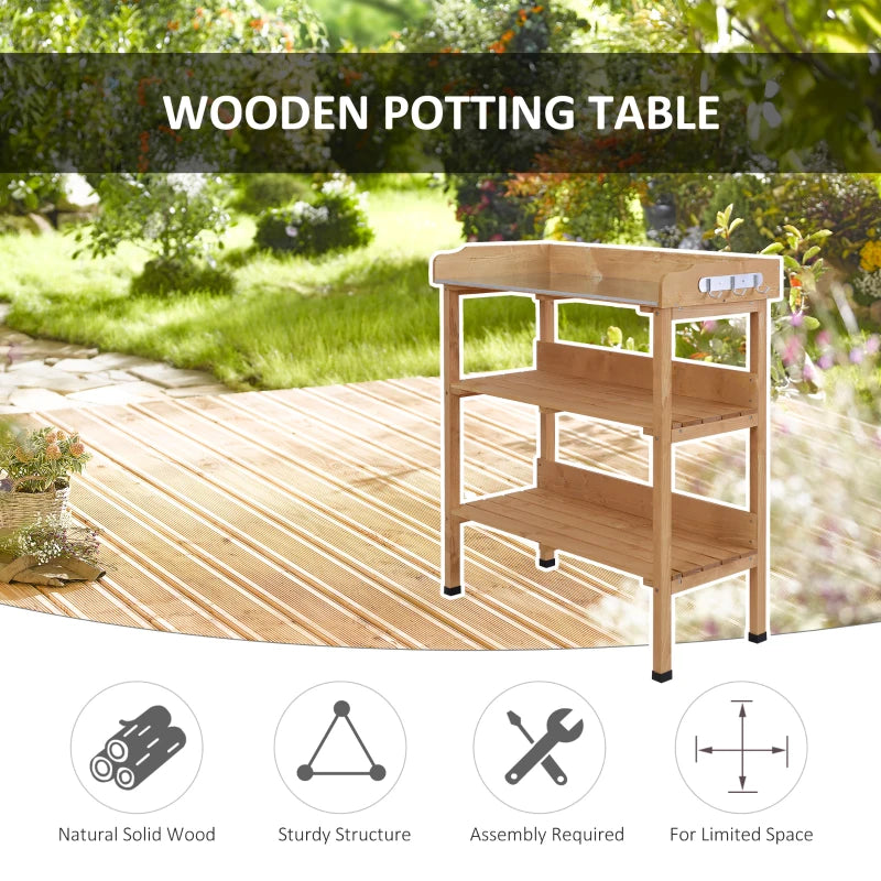 Outdoor Garden Wooden Potting Bench Work Station Table Tool Storage Shelf w/ Hooks, Natural