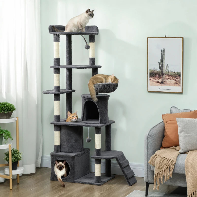 67" Large Cat Tree with 7 Scratching Posts, Tunnel, 2 Condos, Hammock, Perch, Ramp, Pompoms, Dark Grey