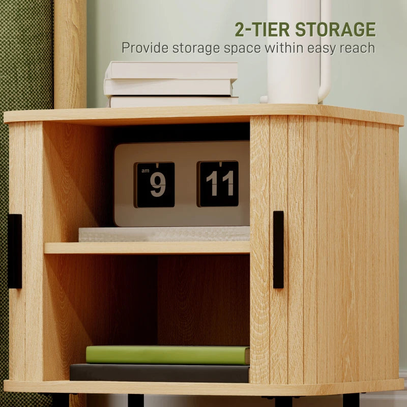 Nightstand Set of 2, Side Table with Shutter Doors, Sofa End Table with Steel Frame, for Bedroom, Living Room, Oak