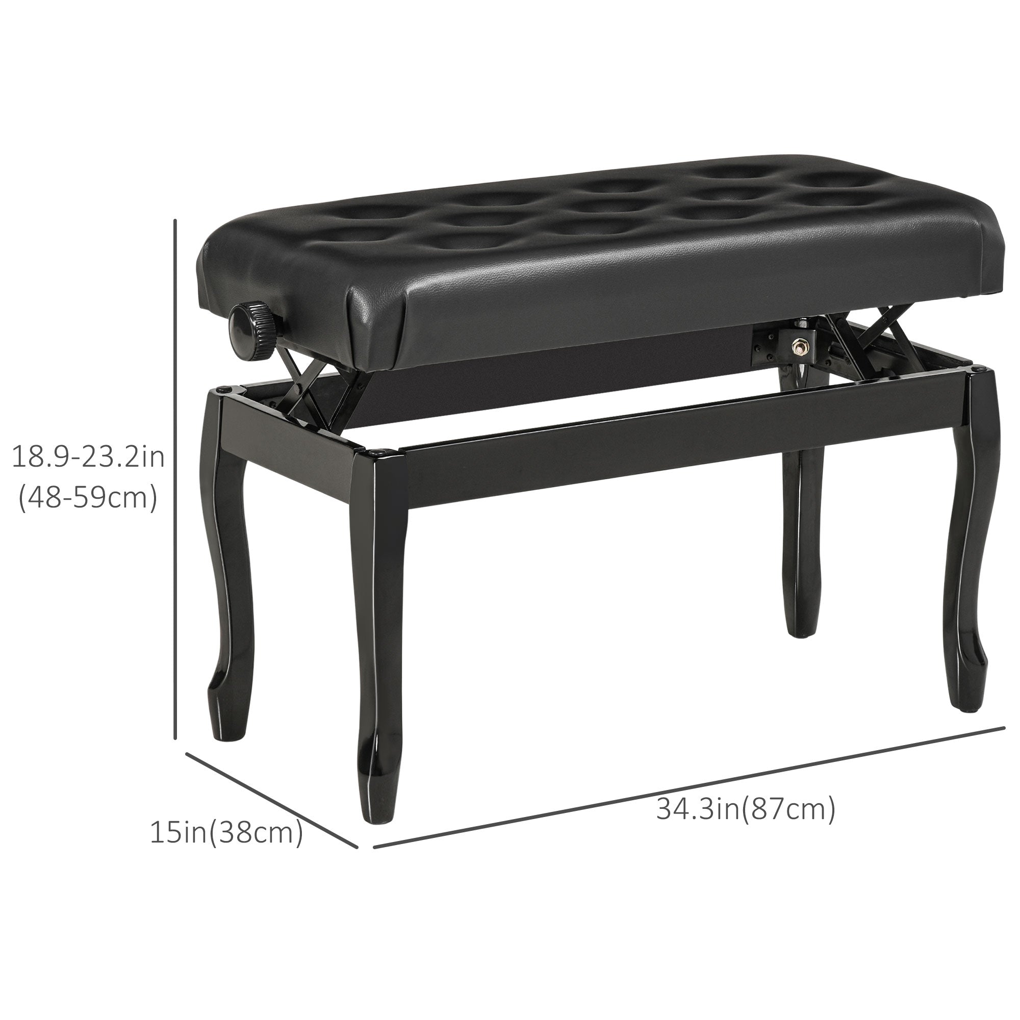 HOMCOM Deluxe Adjustable Piano Bench Stool Button Tufted PU Leather Padded Seat High Gloss Rubberwood Legs Black 