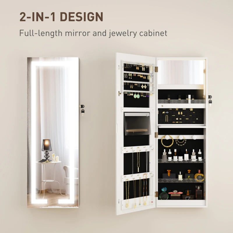 LED Lighted Jewelry Armoire with Mirror Jewelry Cabinet with Storage Lockable Door/Wall Mounted Jewelry Organizer, White
