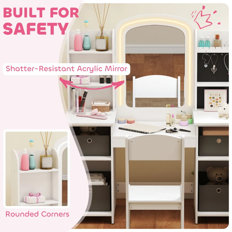 Qaba Kids Vanity Table and Chair Set, Toddler Dressing Table and Chair Set with Lighted Mirror and Storage Space for Little Girls, White
