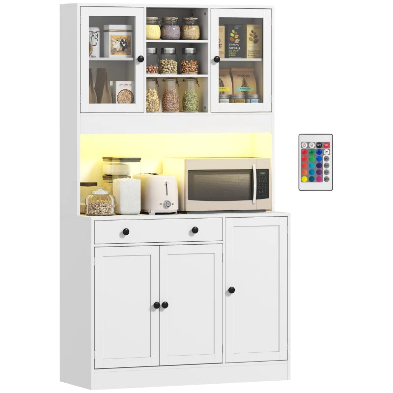 Tall Kitchen Pantry with LED Light, Freestanding Storage Cabinet with Hutch, Shelves, Drawer, Doors, White