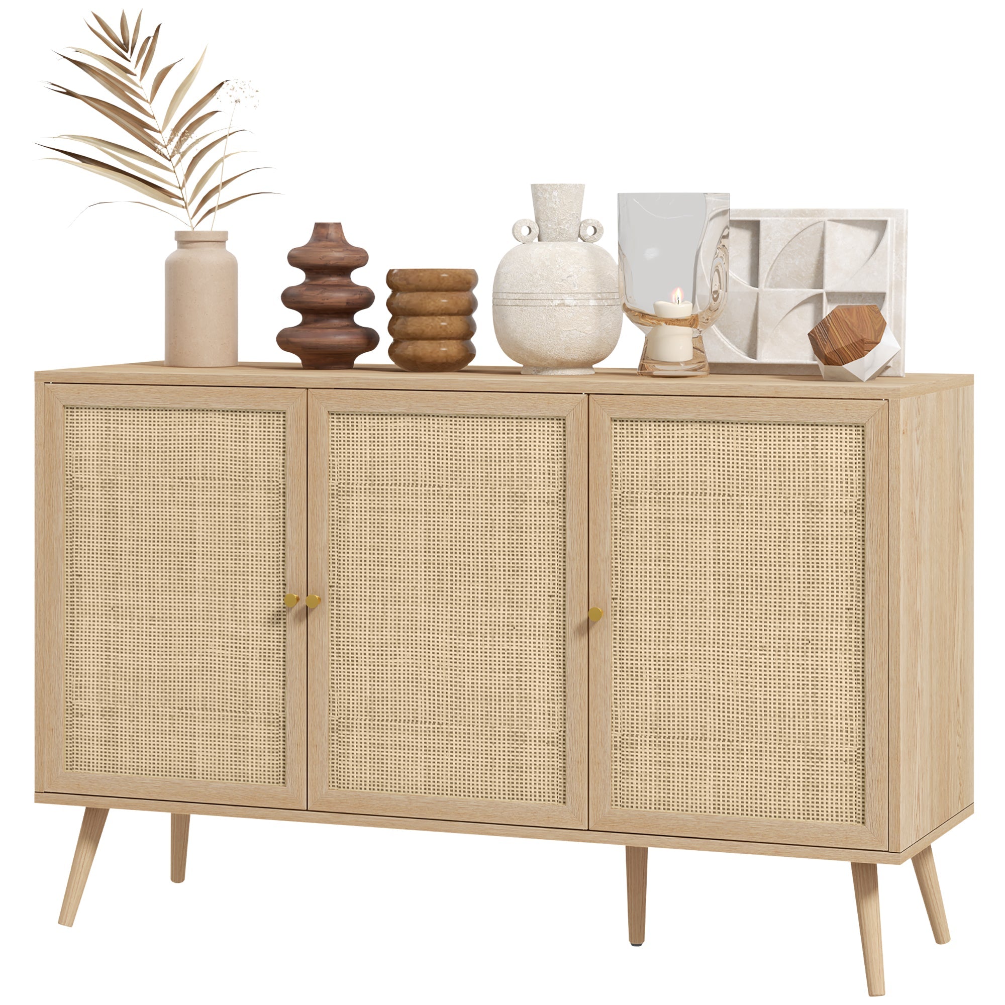 HOMCOM Kitchen Sideboard Cabinet, Boho Storage Cabinet with Shelves, Wood Legs, Decorative Rattan Doors, Natural 