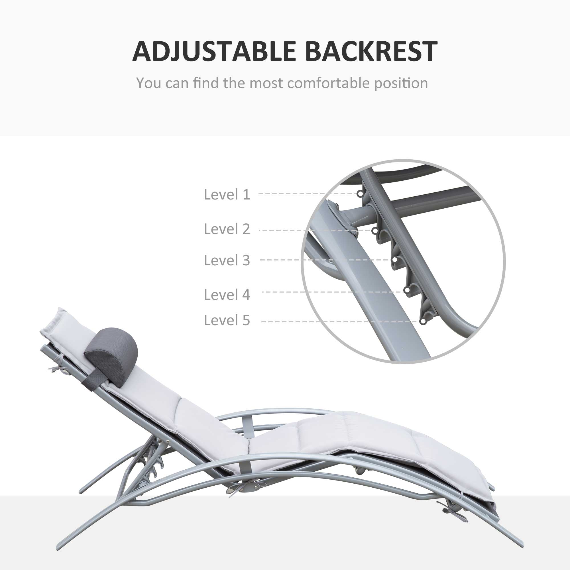 Outsunny Patio Tanning Chair with Cushion Grey Aluminum 5-Level Adjustable Backrest and Head Pillow 