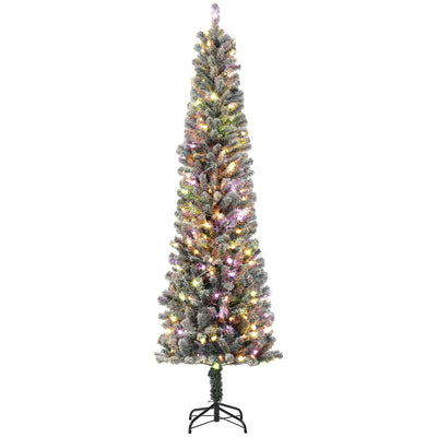 HOMCOM 7.5ft Prelit Pencil Artificial Christmas Tree, Flocked Xmas Tree with Dual Colour LED Lights, 519 Tips and Metal Stand 