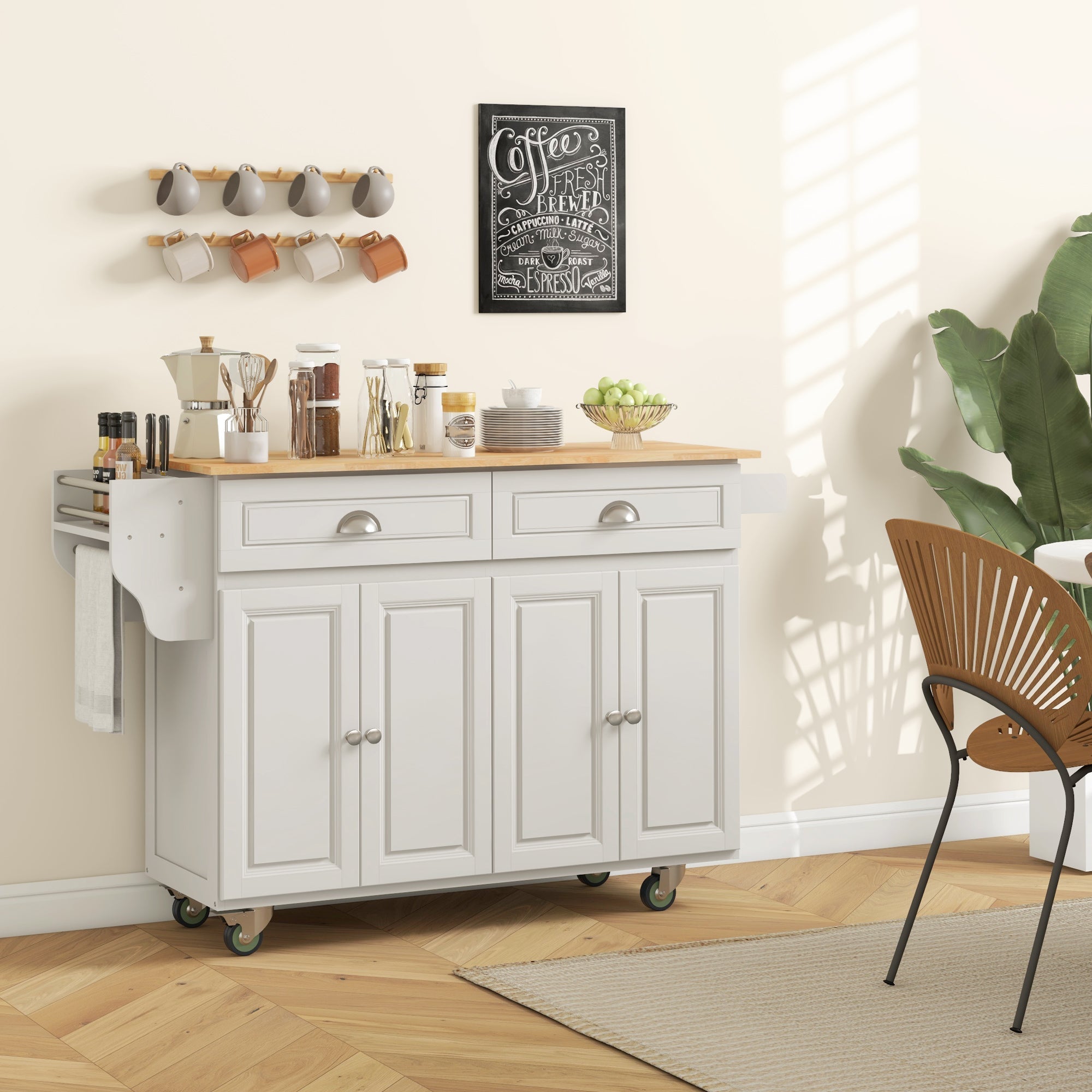 HOMCOM Kitchen Island with Storage, Rolling Kitchen Island with Drop Leaf, Rubber Wood Top and Adjustable Shelves, Cream White 