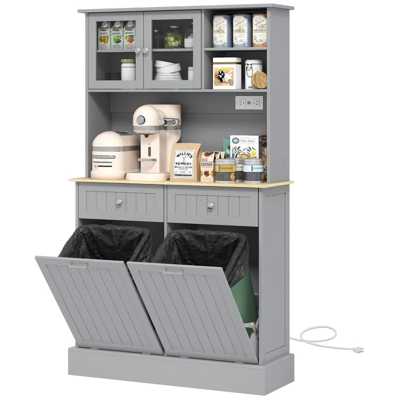 Kitchen Cabinet with Charging Station, 2 Tilt Out Cabinets, Microwave Stand, Freestanding Kitchen Pantry Cabinet, Grey