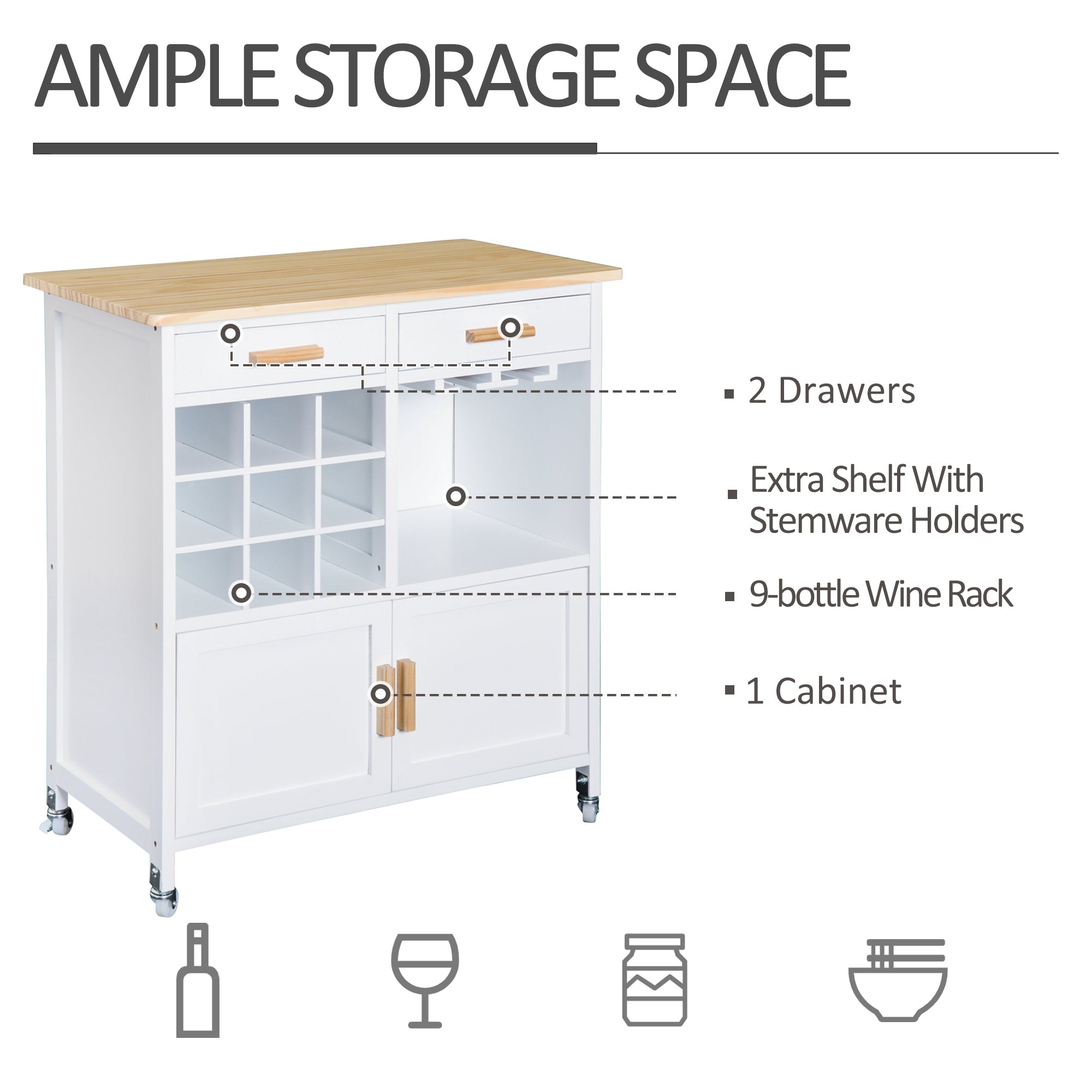 HOMCOM Kitchen Versatility: Portable Trolley with Bamboo Top, Storage Cabinet, and Wine Rack for Culinary Convenience 