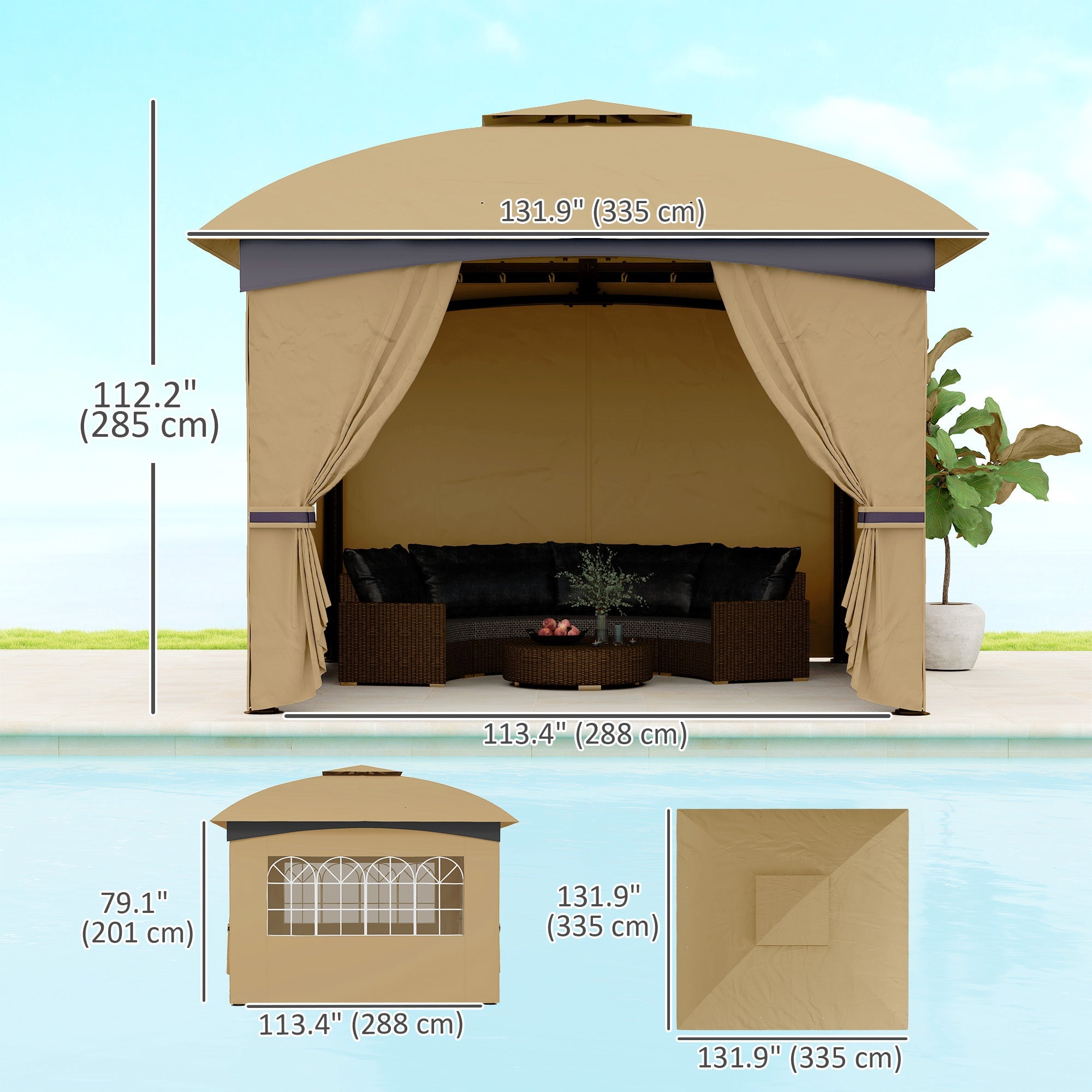 Outsunny 11' x 11' Outdoor Gazebo, Double Roof Patio Gazebo Canopy with Curtains, Church Windows, Galvanised Steel Frame, Beige 