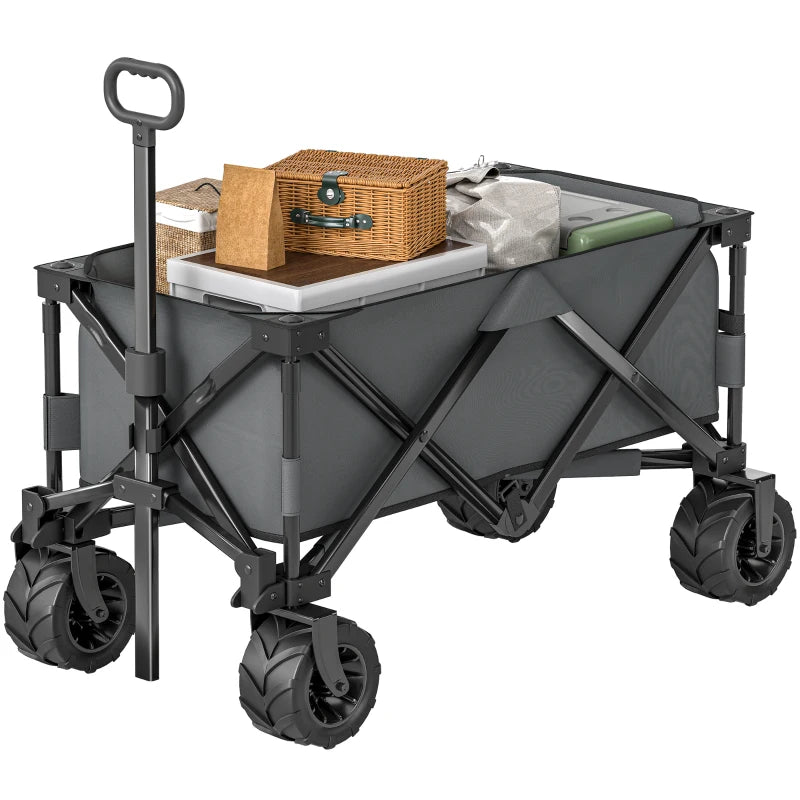 Outdoor Pull Along Trailer Folding Camping Trailer for Beach Garden with Handle, Anti-Slip Wheel - Dark Grey