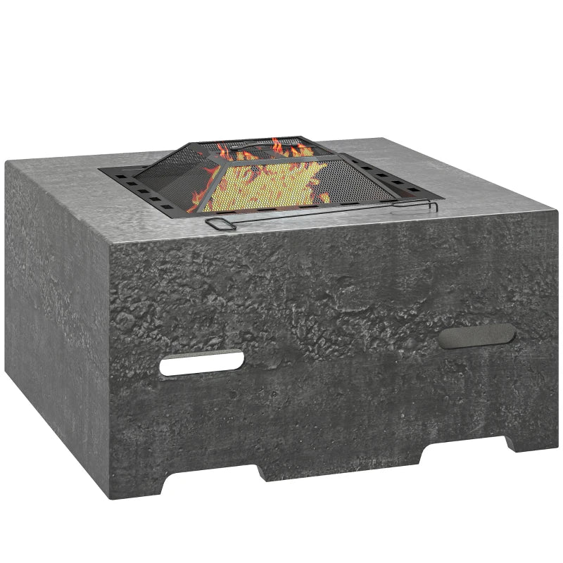 Fire Pit with Fire Poker, Wood Burning Firepit for Outside with Mesh Lid, Magnesium Oxide Stone Texture, Charcoal Grey