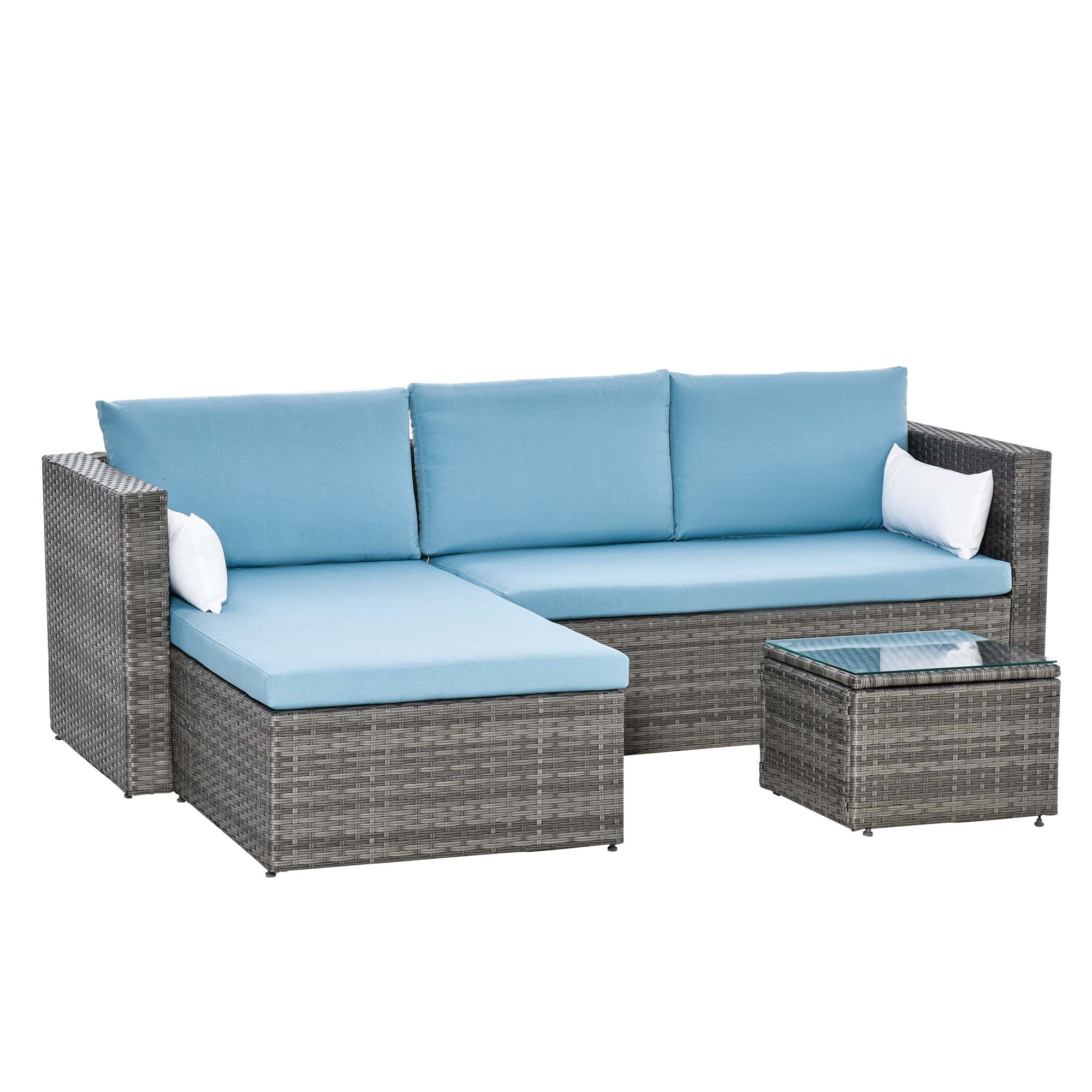 Outsunny 3-Piece Modern Outdoor Patio All-hand Woven Rattan Wicker Furniture Patio Coffee Table Sofa Set - Blue 