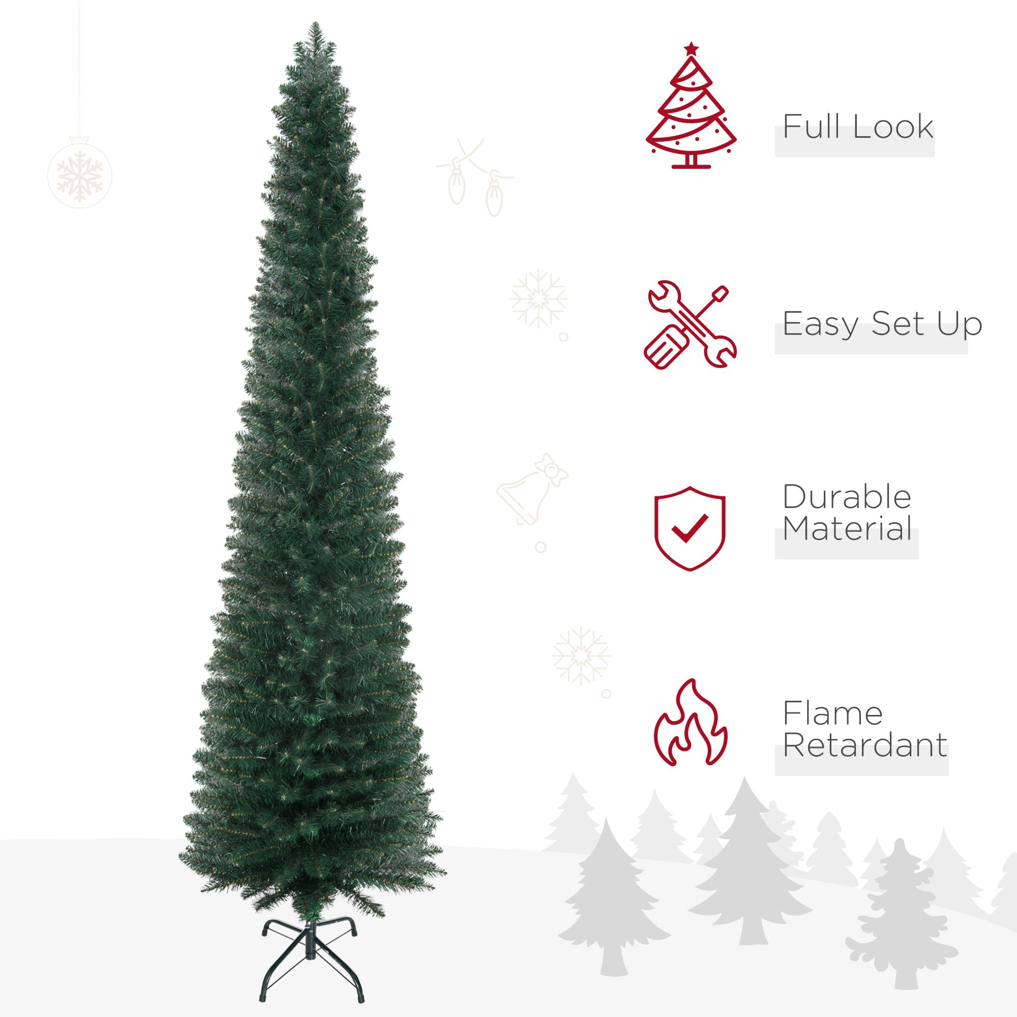 HOMCOM 7FT Artificial Christmas Tree Xmas Pencil Tree Holiday Home Indoor Decoration with Foldable Black Stand for Party, Green 