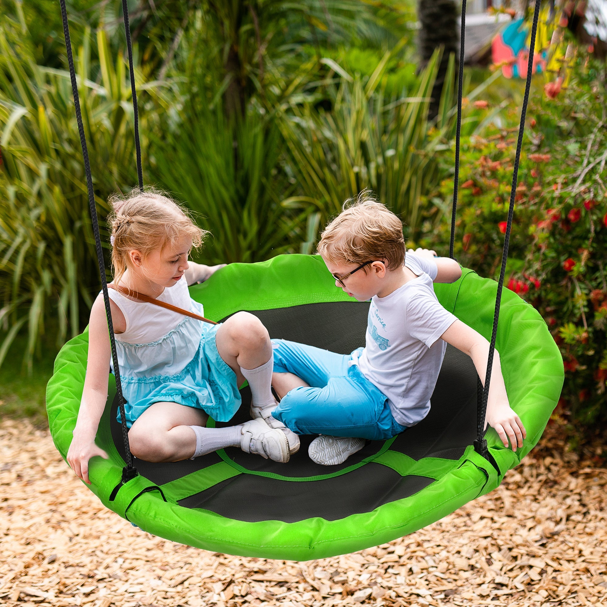 Outsunny 43.25" Saucer Swing, Nest Web Rope Seat with Adjustable Hanging Ropes, for Indoor Outdoor Children 3-12 Years Old, Green 