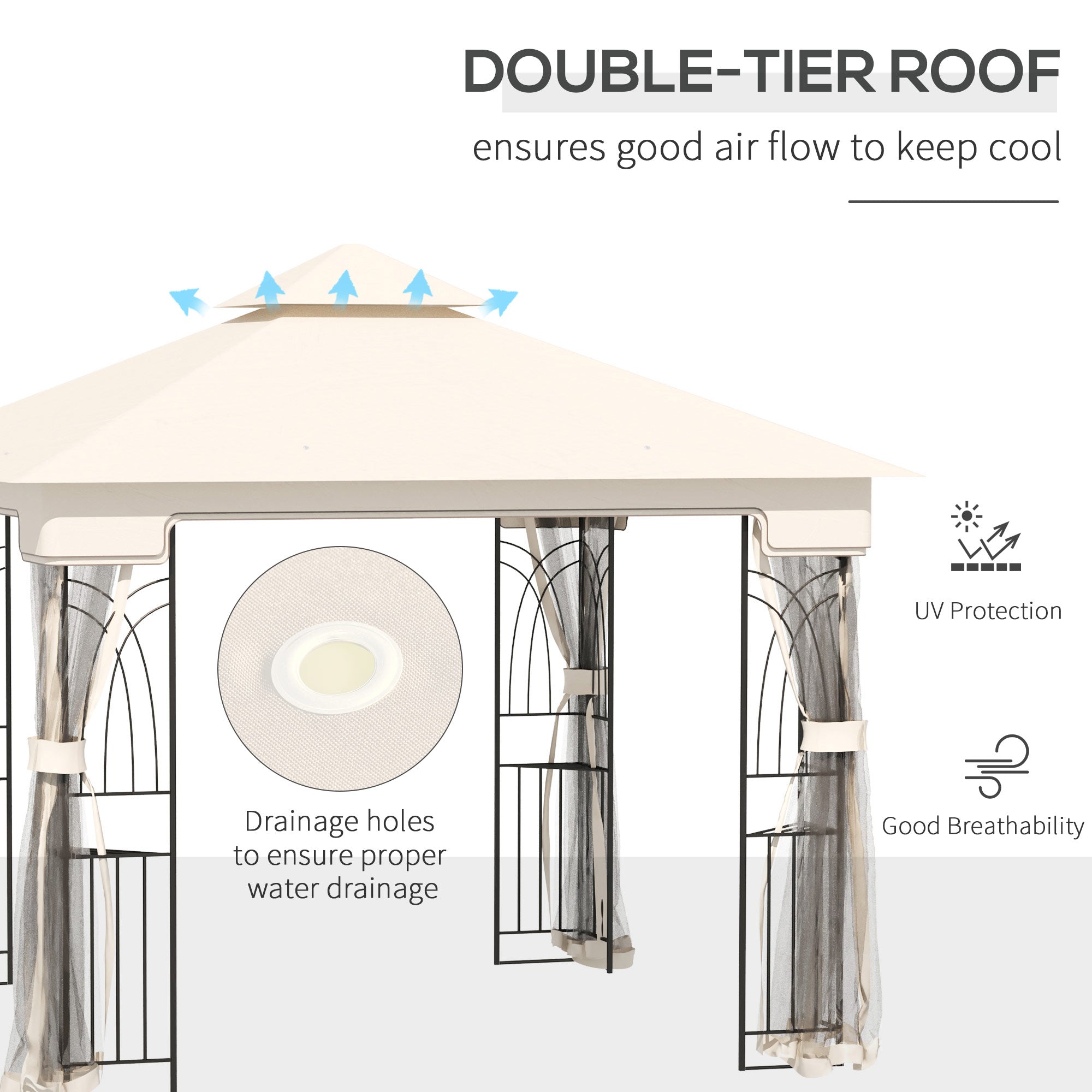 Outsunny 10'x10' Soft-top Patio Gazebo with Double Tier Roof, Mesh Curtains, Display Shelves, Top Hooks, Cream 