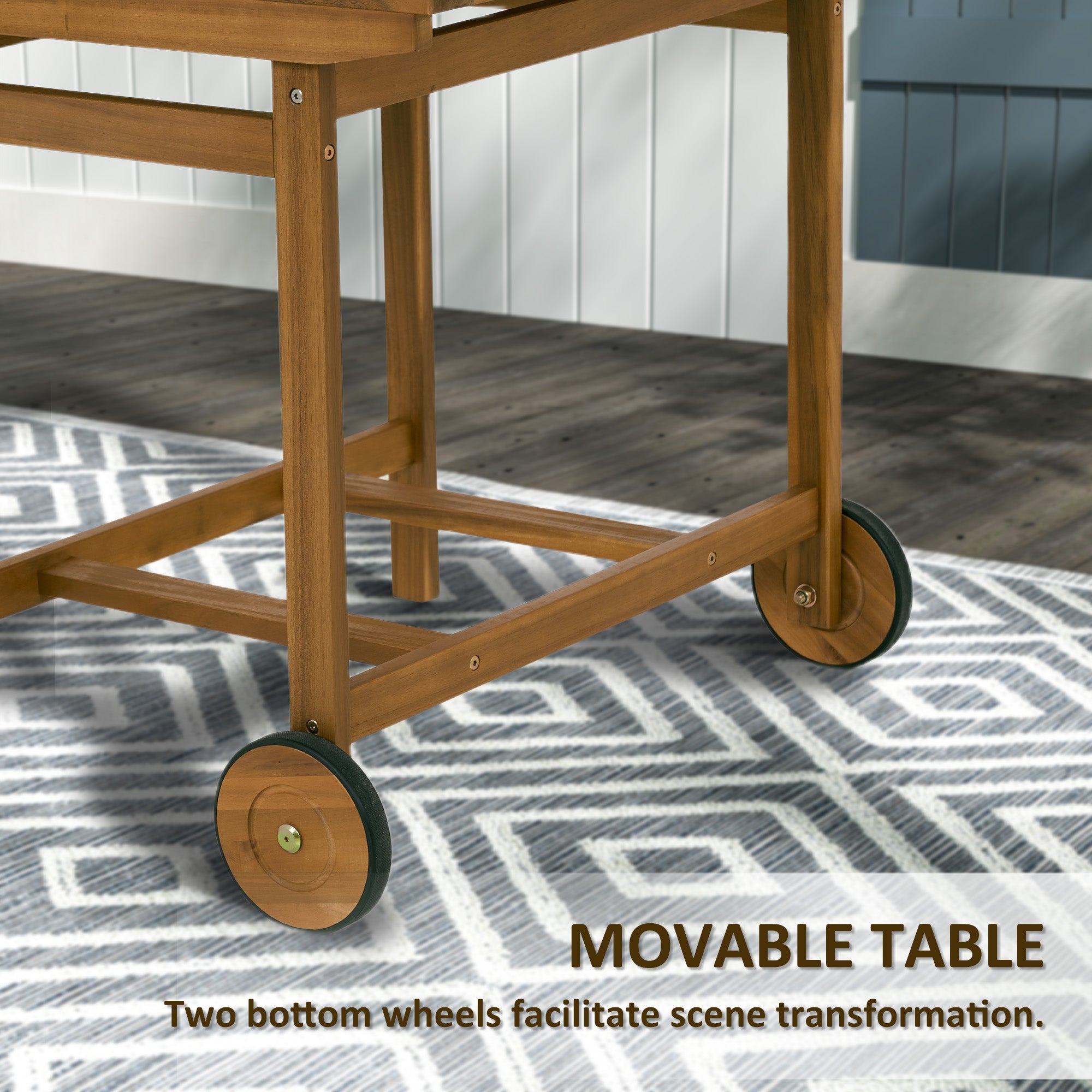 Outsunny 5 Pieces Wood Patio Dining Set, Wheeled Patio Table and Folding Chairs with Cushions for Garden Backyard Poolside, Teak 