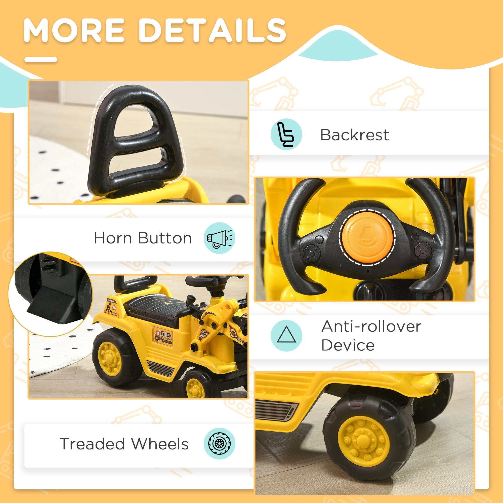 HOMCOM Kids Ride-On Bulldozer Toy with Excavator Bucket Horn Steering Wheel Under Seat Storage for Toddlers Yellow 