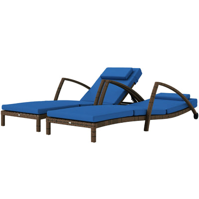 Outsunny Set of 2 Wicker Chaise Lounge Chair Outdoor Patio Lounger with 5 Adjustable Back, Wheels, Cushion and Armrests, Blue 