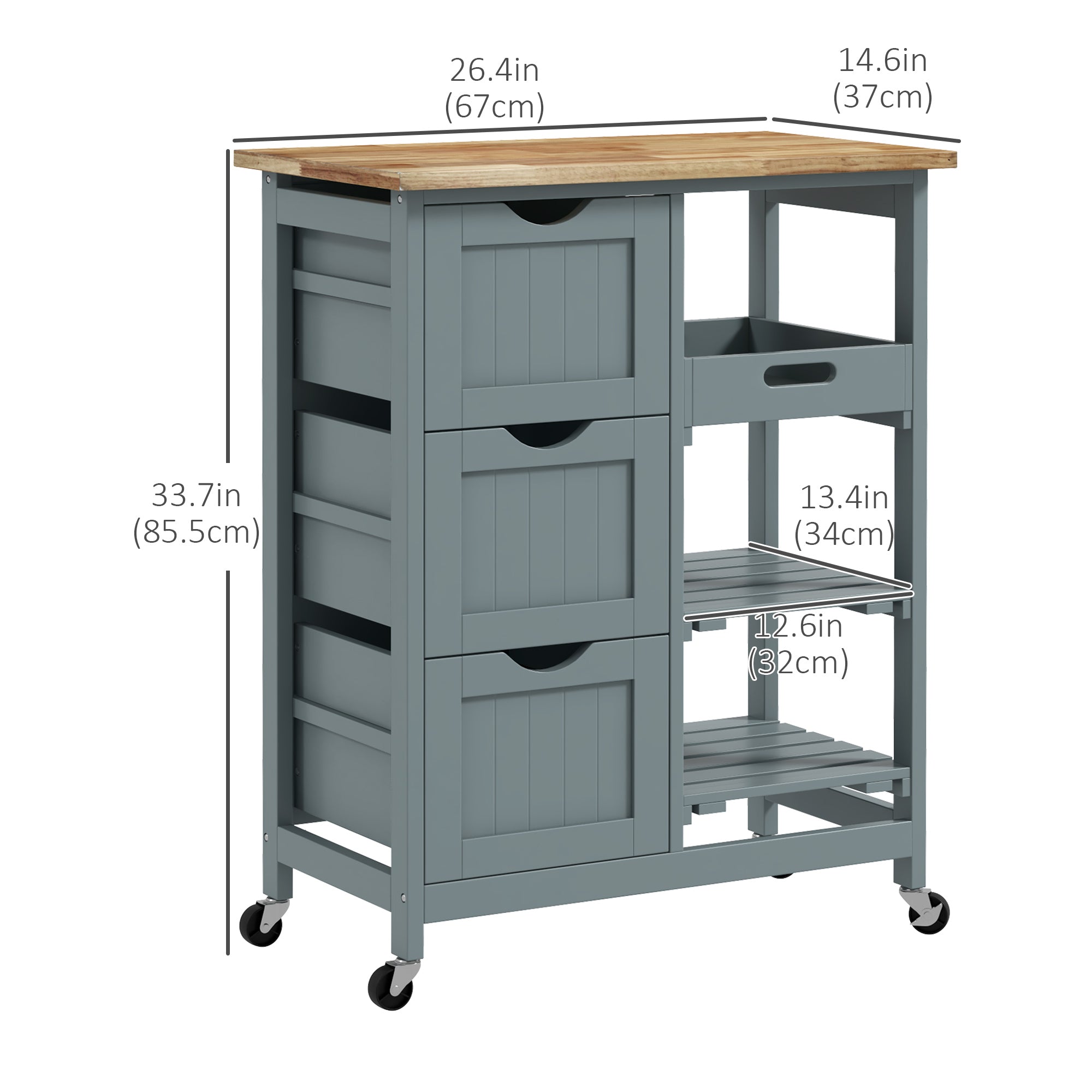 HOMCOM Grey Rolling Utility Cart: Kitchen Island on Wheels with Wood Top, 3 Drawers & Shelves for Dining Rooms 