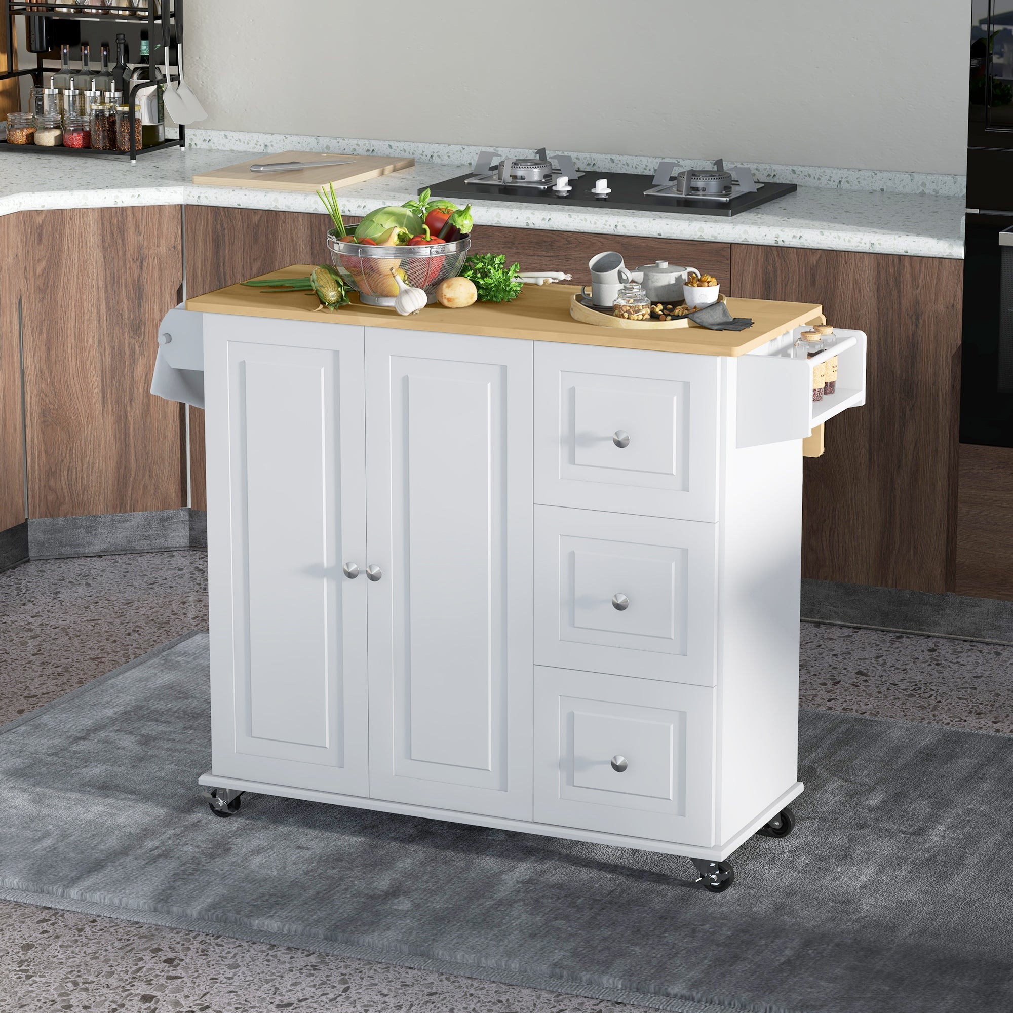 HOMCOM Rolling Kitchen Sidekick: White Island Cart with Drop Leaf, 3 Drawers, Spice Rack, Towel Rack, Natural Wood Top 