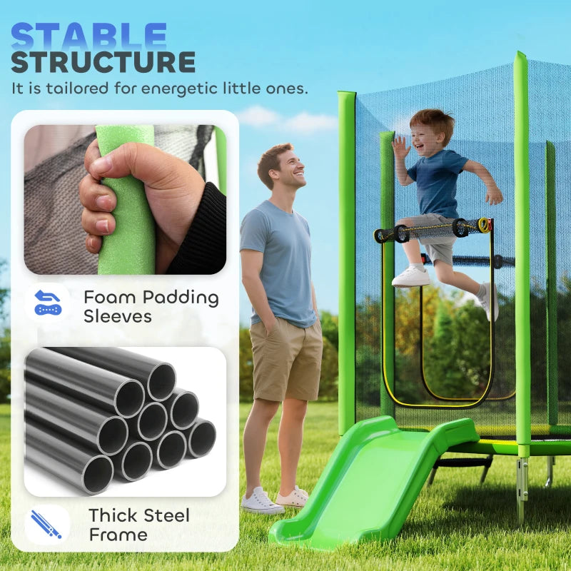 Qaba 85" Trampoline for Kids with Safety Enclosure, Toddler Trampoline with Slide Ladder for Ages 3+, Green