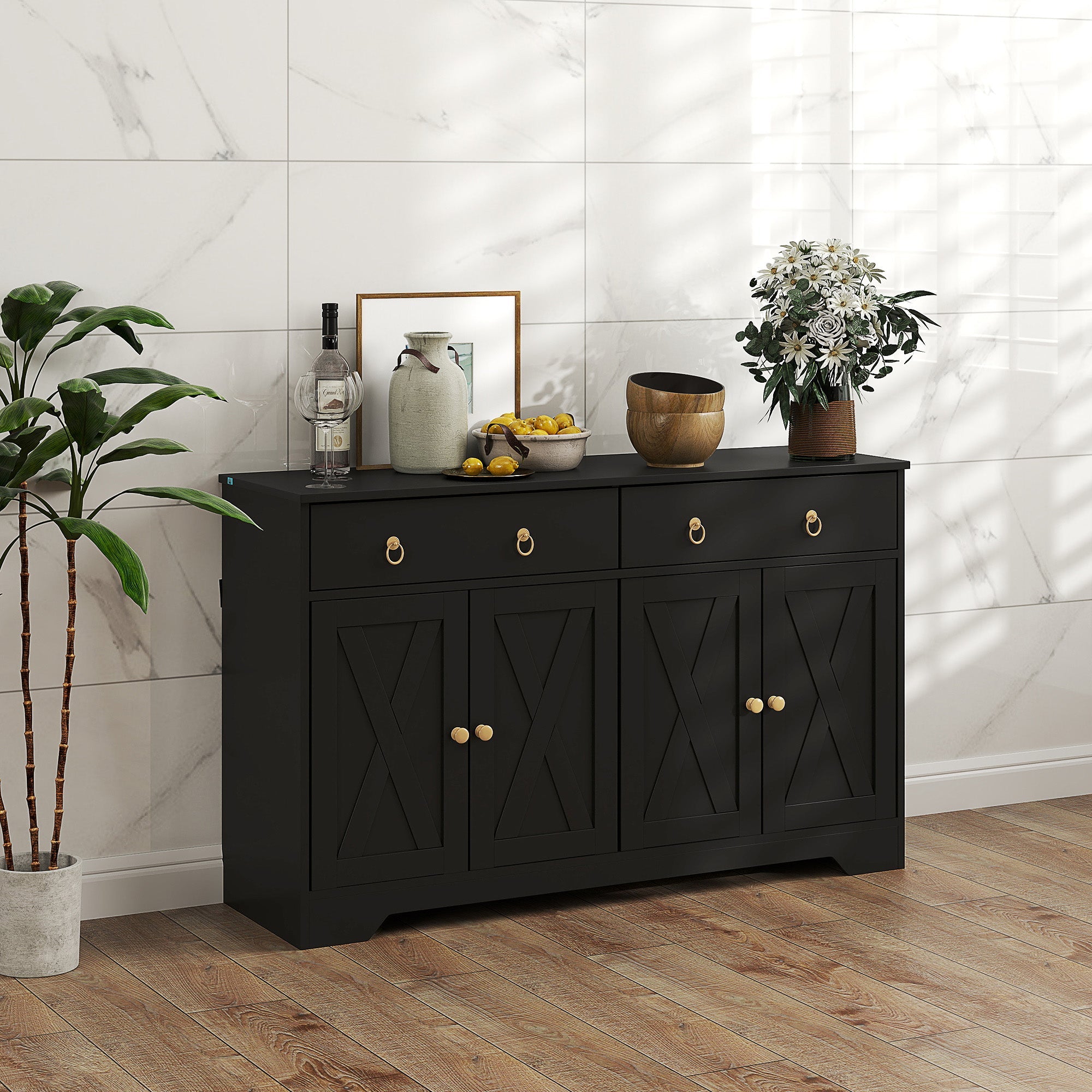 HOMCOM Sideboard Cabinet with 2 Drawers, 4 Barn Doors and 2 Adjustable Shelves, Buffet Table for Living Room, Black 