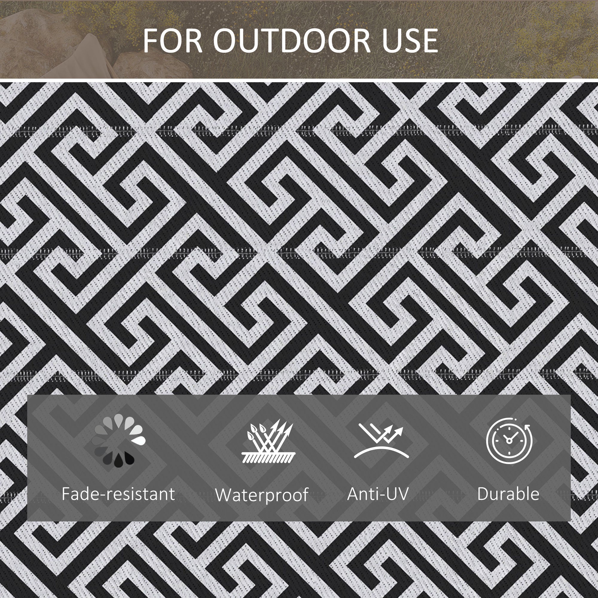 Outsunny 6' x 9' Reversible RV Outdoor Rug Black White Plastic Straw Mat for Beach Deck Backyard Camping 