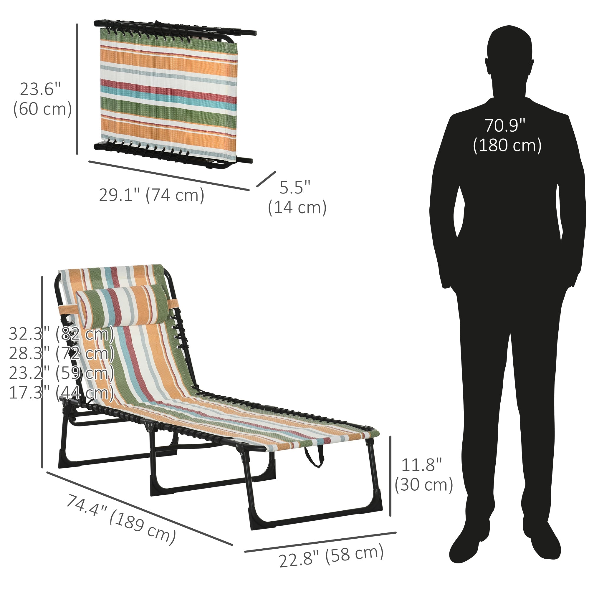 Outsunny Portable Folding Beach Bed 4-Level Adjustable Recliner Lounger Cot Multicolored Lightweight for Camping 