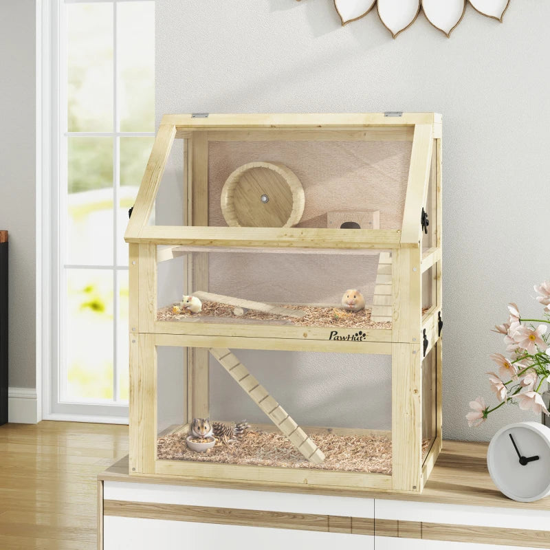 Wooden Hamster Cage, 3 Tier Gerbil Cage with Deep Bottom, Hut, Seesaw, Exercise Wheel, Ramps, 24" x 16" x 29.5"