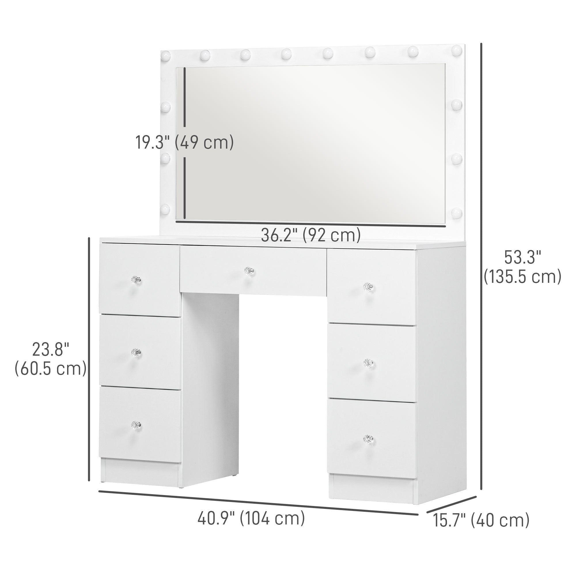 HOMCOM Makeup Vanity Table, Dressing Table with Mirror and Lights, Modern Makeup Table with 7 Drawers and 10 LED Lights, White 