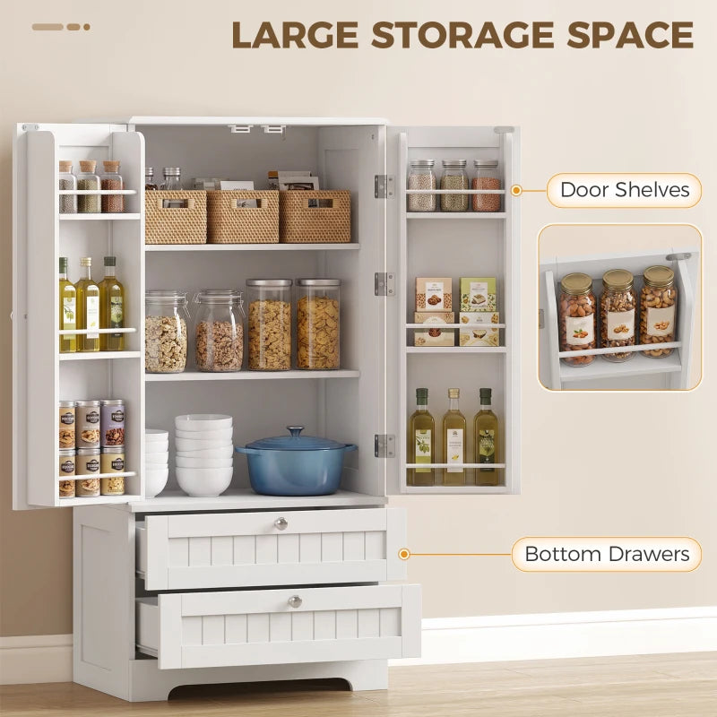 47.2-Inch Farmhouse Kitchen Pantry Cabinet with 6 Door Racks and 2 Drawers – White