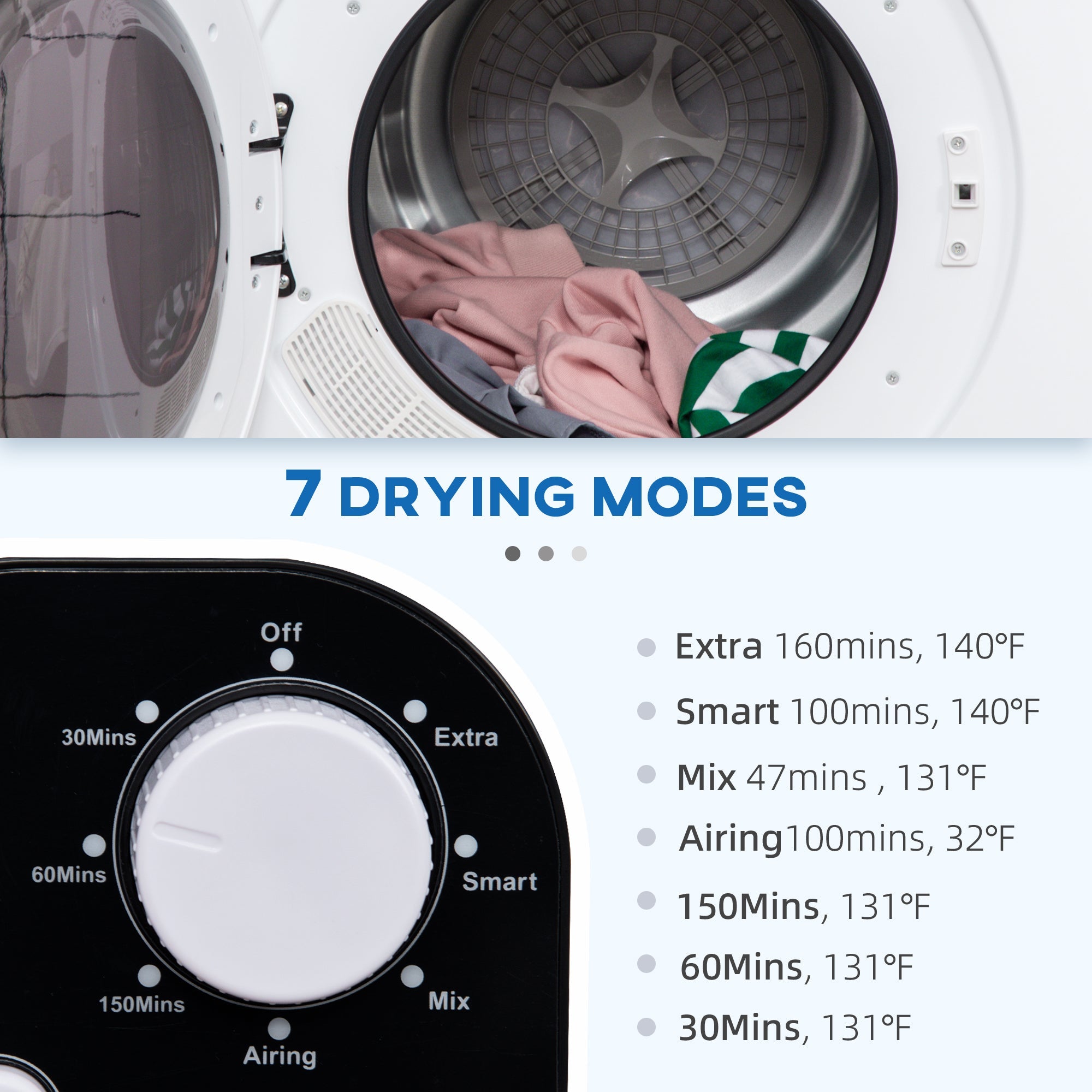 HOMCOM Laundry Dryer Machine Compact 1300W 13lbs Electric Portable with 7 Drying Modes Stainless Steel Tub 