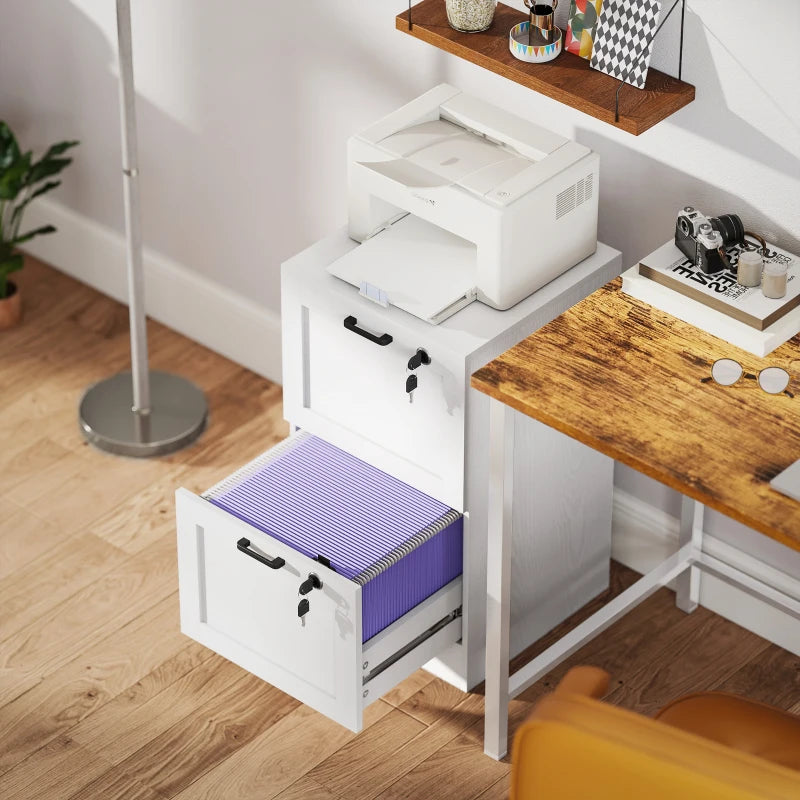 Vertical Filing Cabinet with 2 Drawers, Lock, File Cabinet for Home Office, A4 and Letter Size Files, White