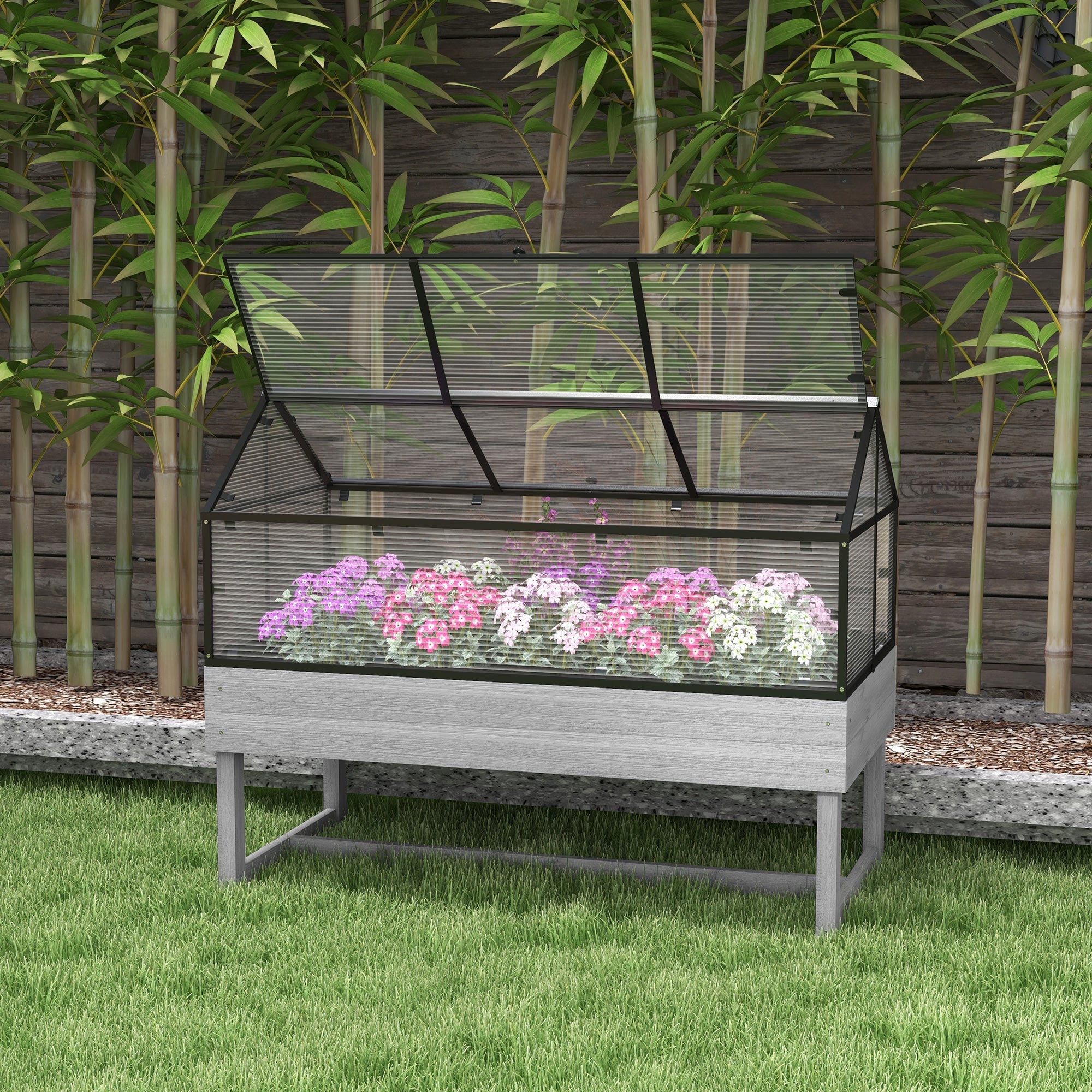 Outsunny Elevated Planter Box with Cold Frame Greenhouse in Distressed Grey - Wood Raised Garden Bed for Vegetables & Flowers 