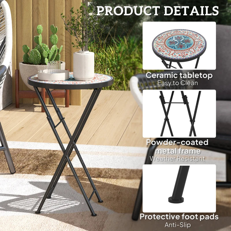 Mosaic Outdoor Patio Side Table, 14" Round Folding Outdoor Coffee Table with Steel Frame for Balcony Deck Patio Terrace, Mixed Colour