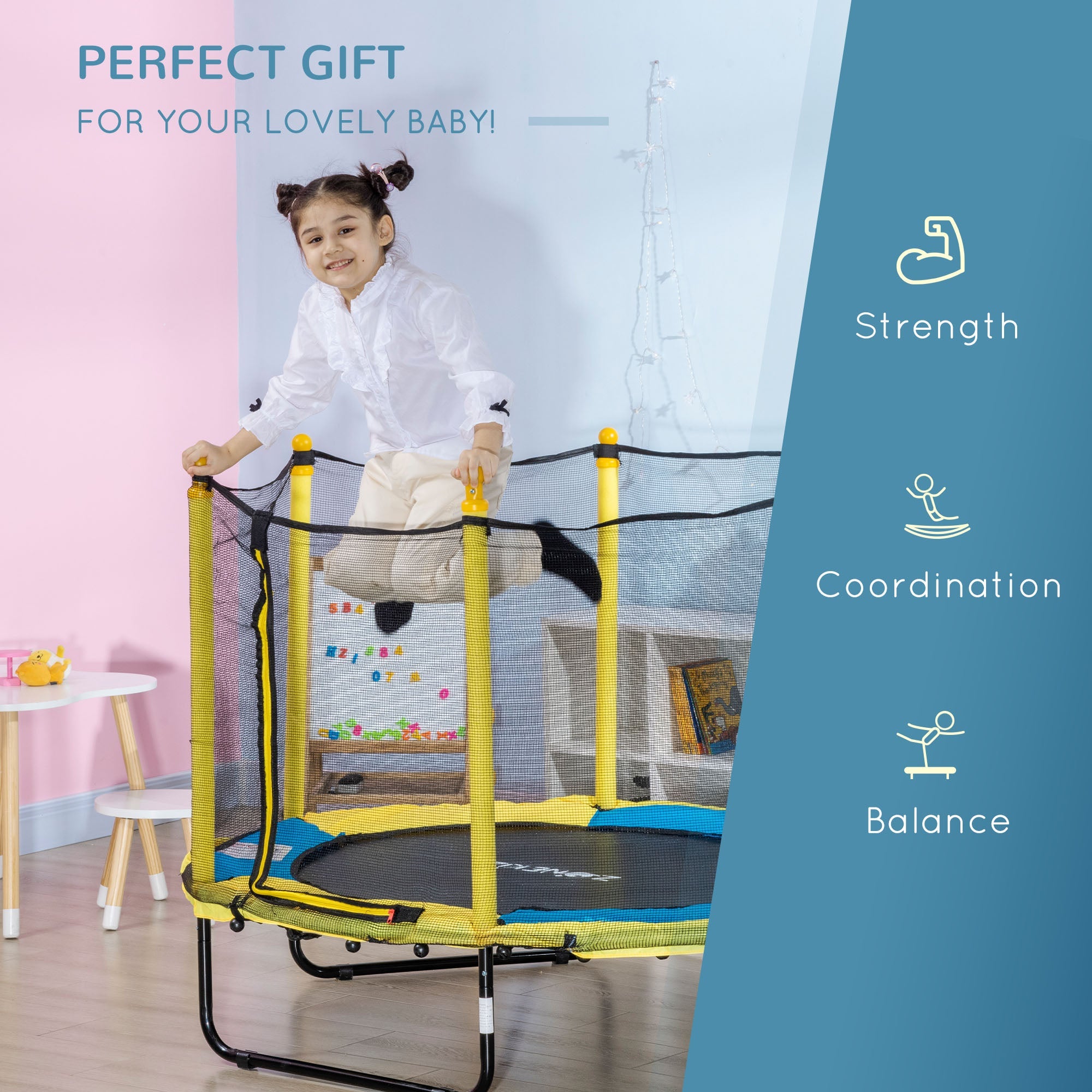 Qaba 4.6FT Trampoline for Kids with Enclosure Net for Ages 3-10, Indoor Outdoor Use, Yellow 