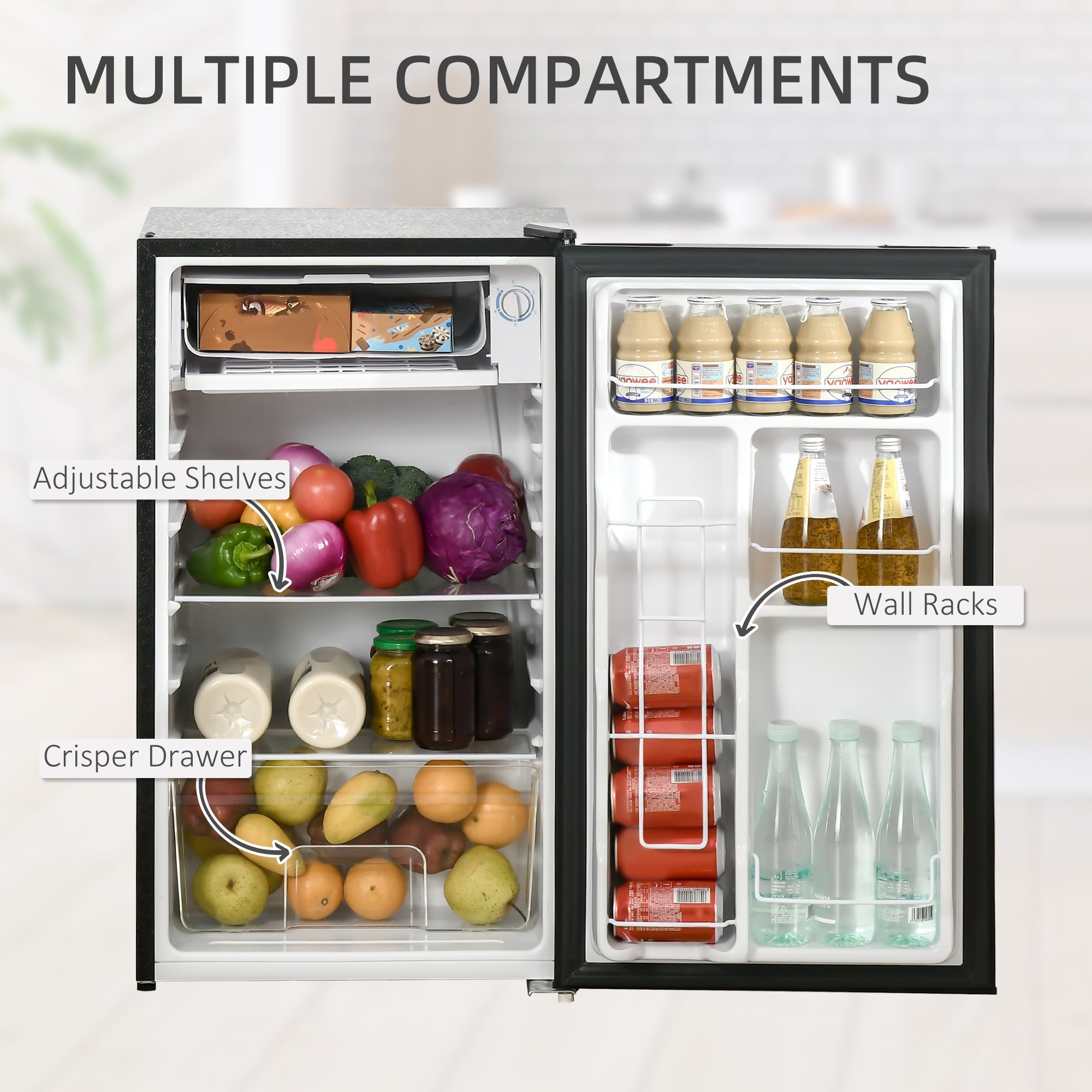 HOMCOM 3.2 Cu.Ft Mini Fridge with Freezer Compact Refrigerator Adjustable Shelf Mechanical Thermostat Reversible Door 