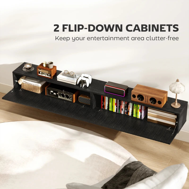 71" Floating TV Stand for TVs up to 72 Inch, Wall Mount Media Console with 2 Fluted Flip-Down Doors, Cable Hole, Black